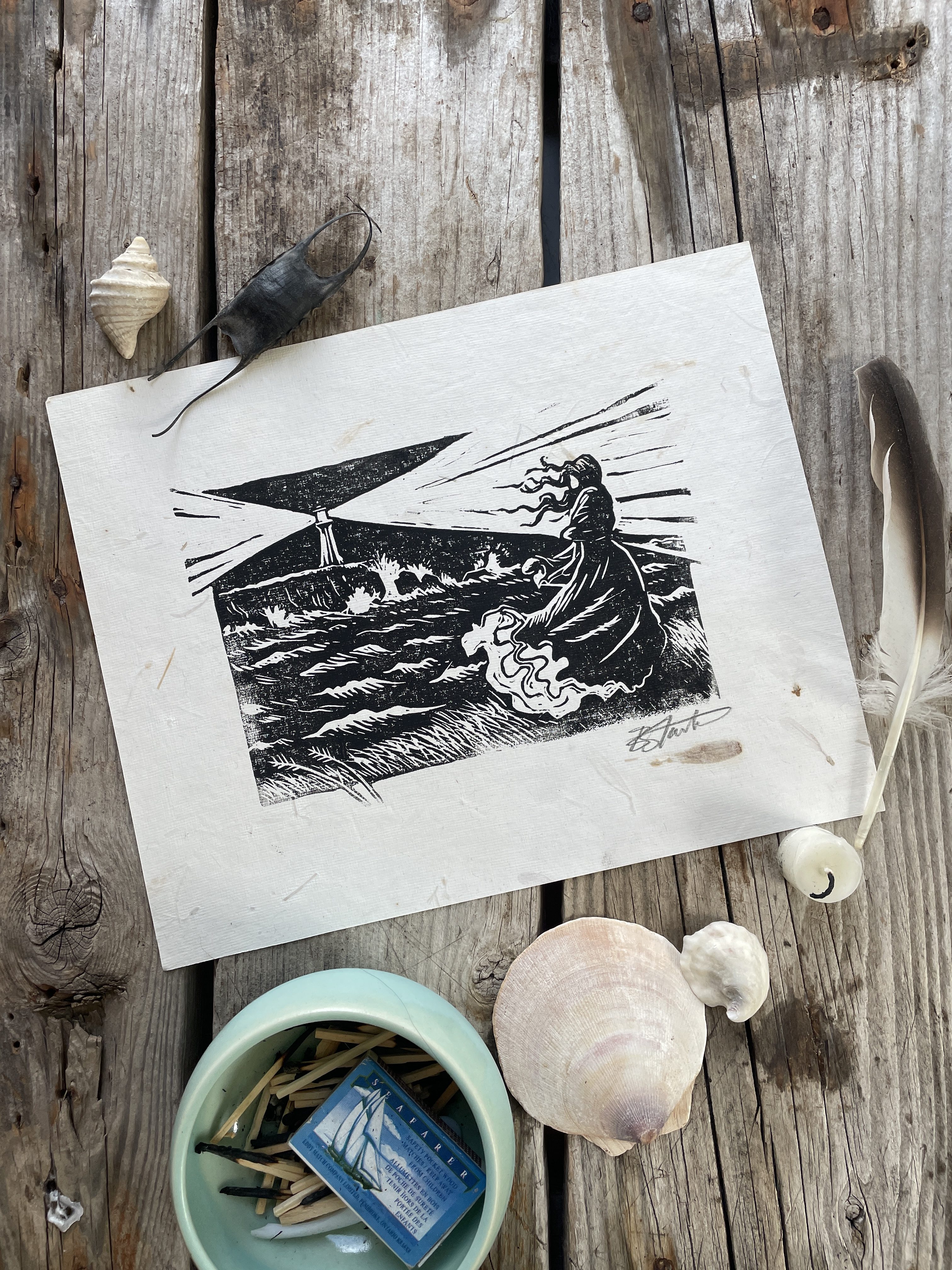 Handmade Linocut Print 8x10 "Widow" - textured paper - Image 1